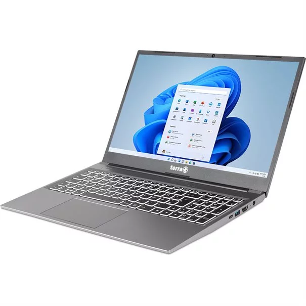 TERRA MOBILE 1500P R5-7430U Notebook in Grau - schräge Ansicht mit Windows 11 Desktop geöffnet