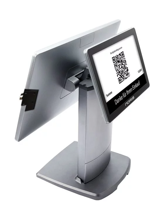 Noris All-In-One-Touch-Kassen LK-133 in Silber mit Dual-Display - schräge Ansicht mit QR-Code auf Bildschirm