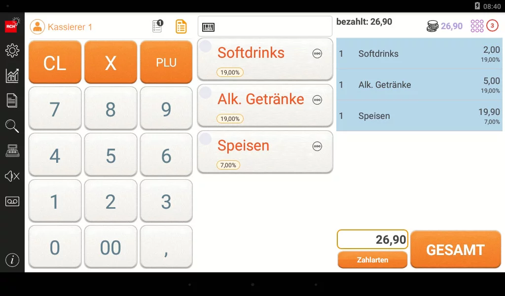 RCH WallE 8T POS-Terminal in Schwarz - Frontansicht mit aktivem Kassensystem und Touch-Display