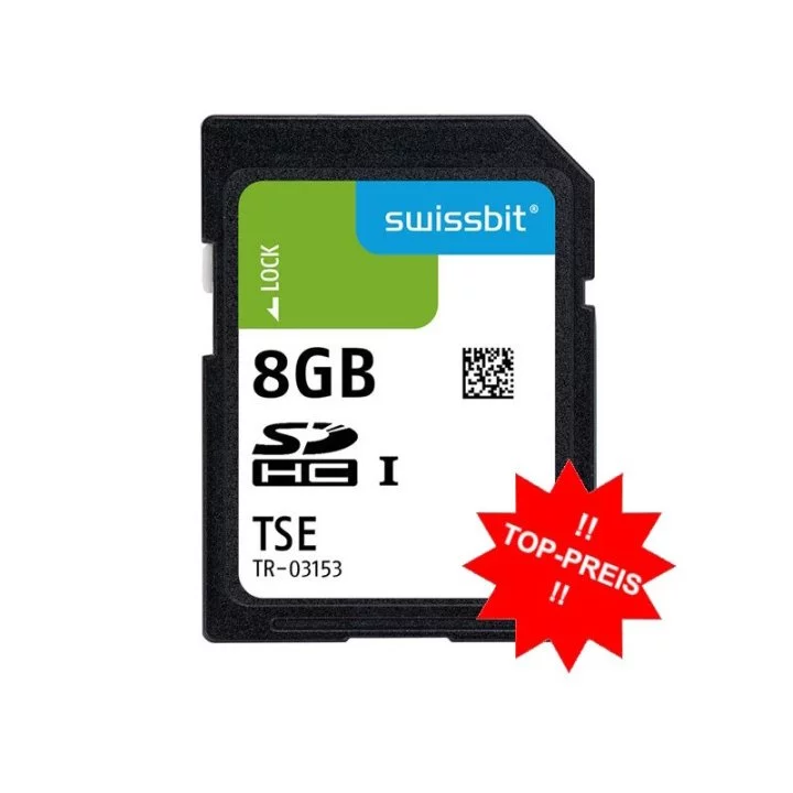 Swissbit TSE SD-WORM-Karte 8GB in Schwarz-Weiß mit grün-blauem Label - Vorderansicht mit Preis-Sticker