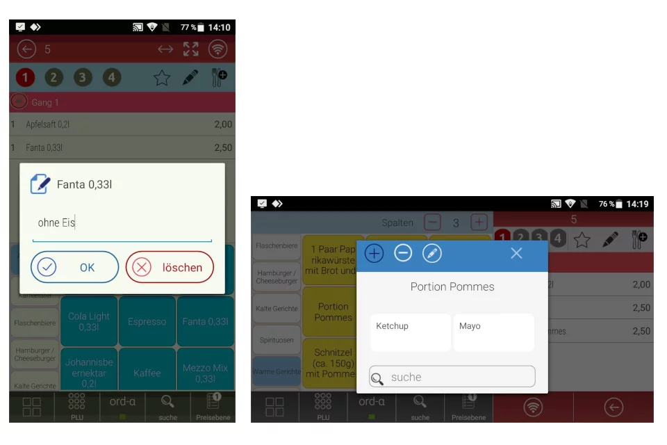RCH WAITER'S Mobile App Benutzeroberfläche in Grau und Blau - Screenshot der Bestell-App für Gastronomie