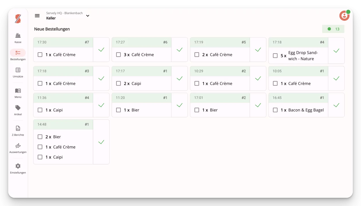 Eventkasse Software Interface in Weiß-Grün - Benutzeroberfläche mit Bestellverwaltung für Veranstaltungen