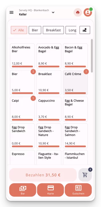 Eventkasse TSE Kassensystem in Weiß-Orange - Mobile App Ansicht mit Bestellübersicht