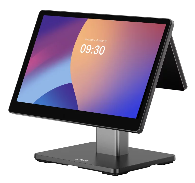 iMin Swan 2 Android Kassensystem in Schwarz mit 15,6 Zoll Touchscreen - schräge Ansicht mit aufgeklapptem Display