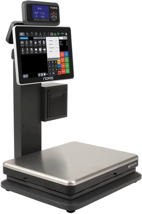 Noris ScalePOS WK1 Kassensystem mit Waage in Schwarz-Silber - schräge Frontansicht mit Touchscreen und Kundenanzeige