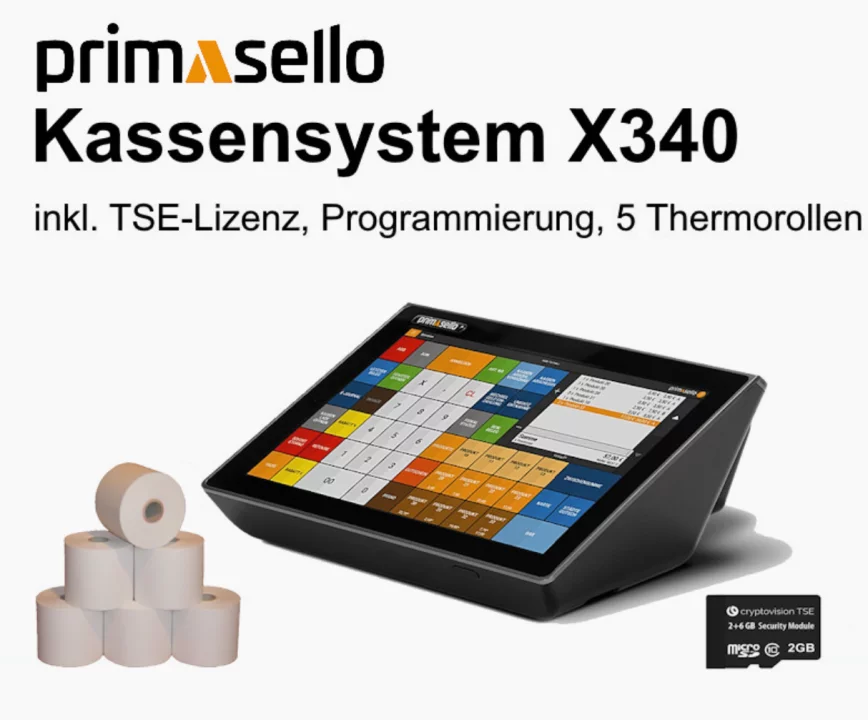 Primasello X340 Touchscreen Kassensystem in Schwarz - schräge Ansicht mit Thermorollen und TSE-Modul