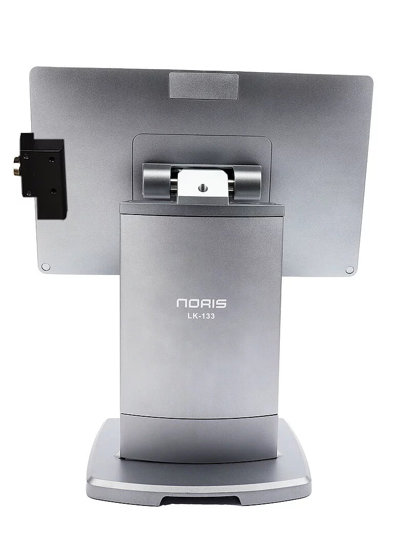 Noris All-In-One-Touch-Kasse LK-133 in Grau - Rückansicht mit Standfuß und Monitor