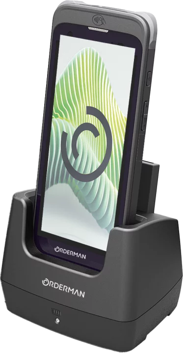 Orderman 10 Handheld Kassensystem in Schwarz mit Ladestation - schräge Frontansicht