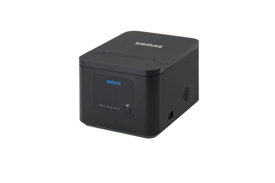 Sam4s H-Cube 102 Bondrucker in Schwarz - schräge Frontansicht mit Display und Anschlüssen sichtbar