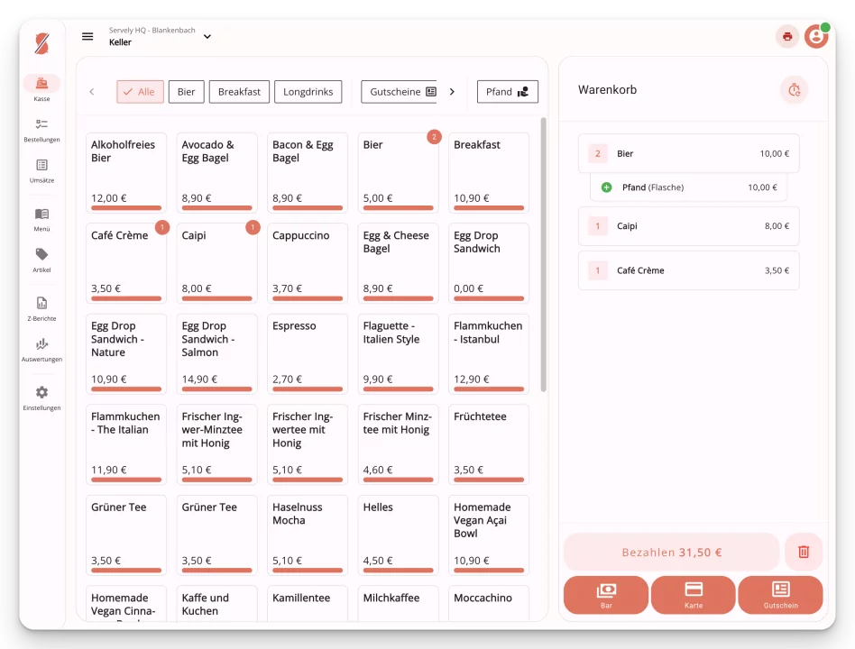 Eventkasse TSE Kassensystem Interface in Weiß Orange - Benutzeroberfläche mit Menü und Warenkorb