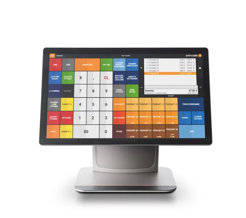 Primasello X380 Touchscreen Kassensystem in Schwarz-Silber mit Kassenoberfläche - schräge Frontansicht