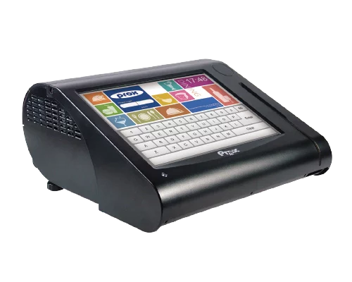 Prox 10 Zoll Kassensystem Windows 10 IOT in Schwarz mit Touchscreen und 80mm Drucker - schräge Ansicht