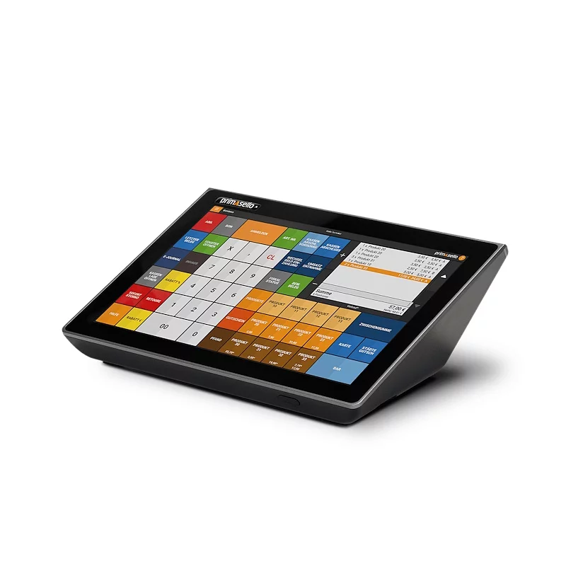 Primasello X320 Touchscreen Kassensystem in Schwarz - schräge Ansicht mit farbigem Display und Bedienoberfläche