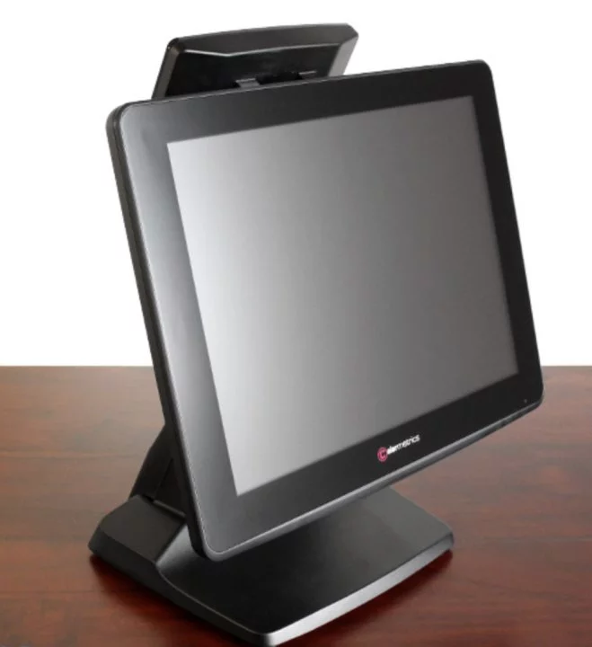 Colormetrics 15 Zoll Kassensystem I5 Prozessor in Schwarz mit Touchscreen und Bondrucker - schräge Ansicht