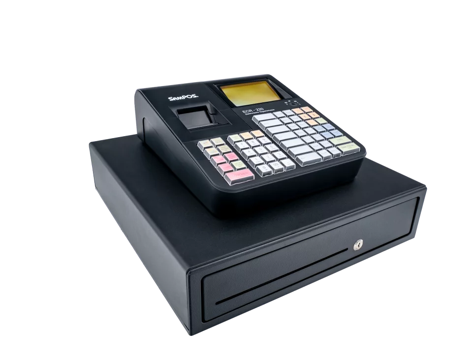 SamPOS ECR-220 Registrierkasse in Schwarz mit Kassenschublade - schräge Ansicht