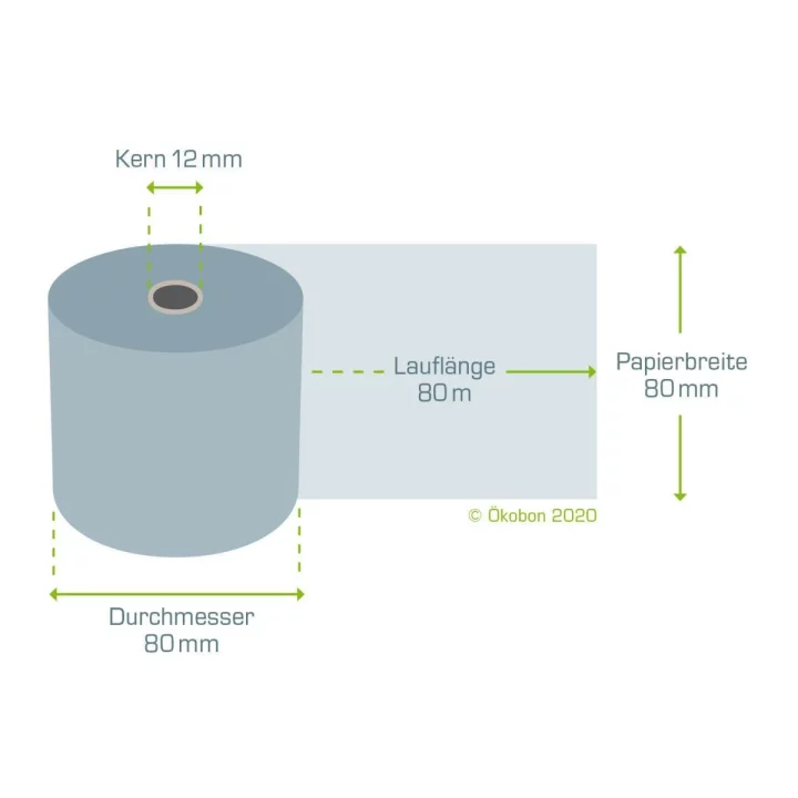 Epson Thermopapierrolle 80/80/12 phenolfrei weiß - technische Darstellung mit Maßangaben