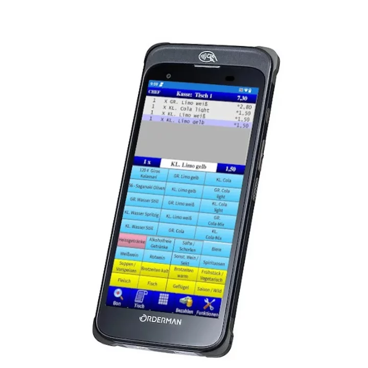 Orderman 10 Handheld Kassensystem in Schwarz - schräge Ansicht mit blauer Benutzeroberfläche für Gastronomie