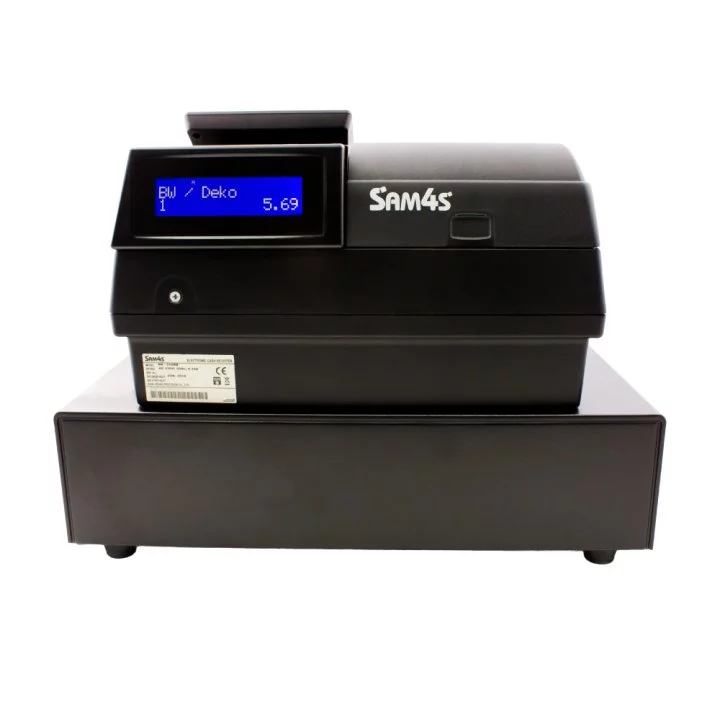 Sam4s NR-510R Registrierkasse mit Hubtastatur in Schwarz - schräge Vorderansicht mit blauem Display