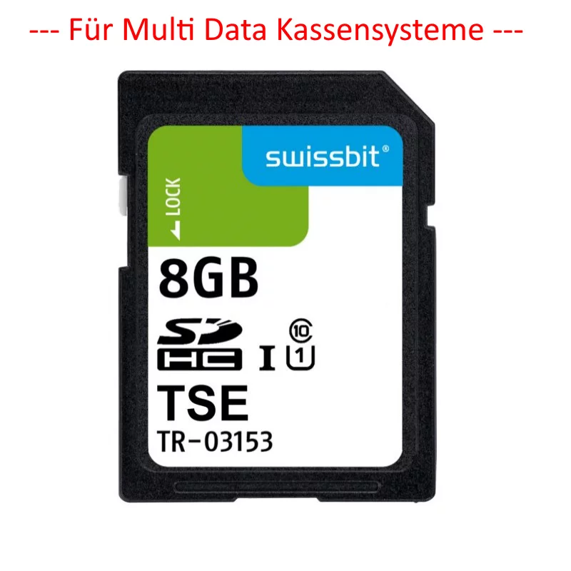TSE SD-Karte swissbit TR-03153 8GB schwarz weiß - Vorderansicht für Multi Data Kassensysteme