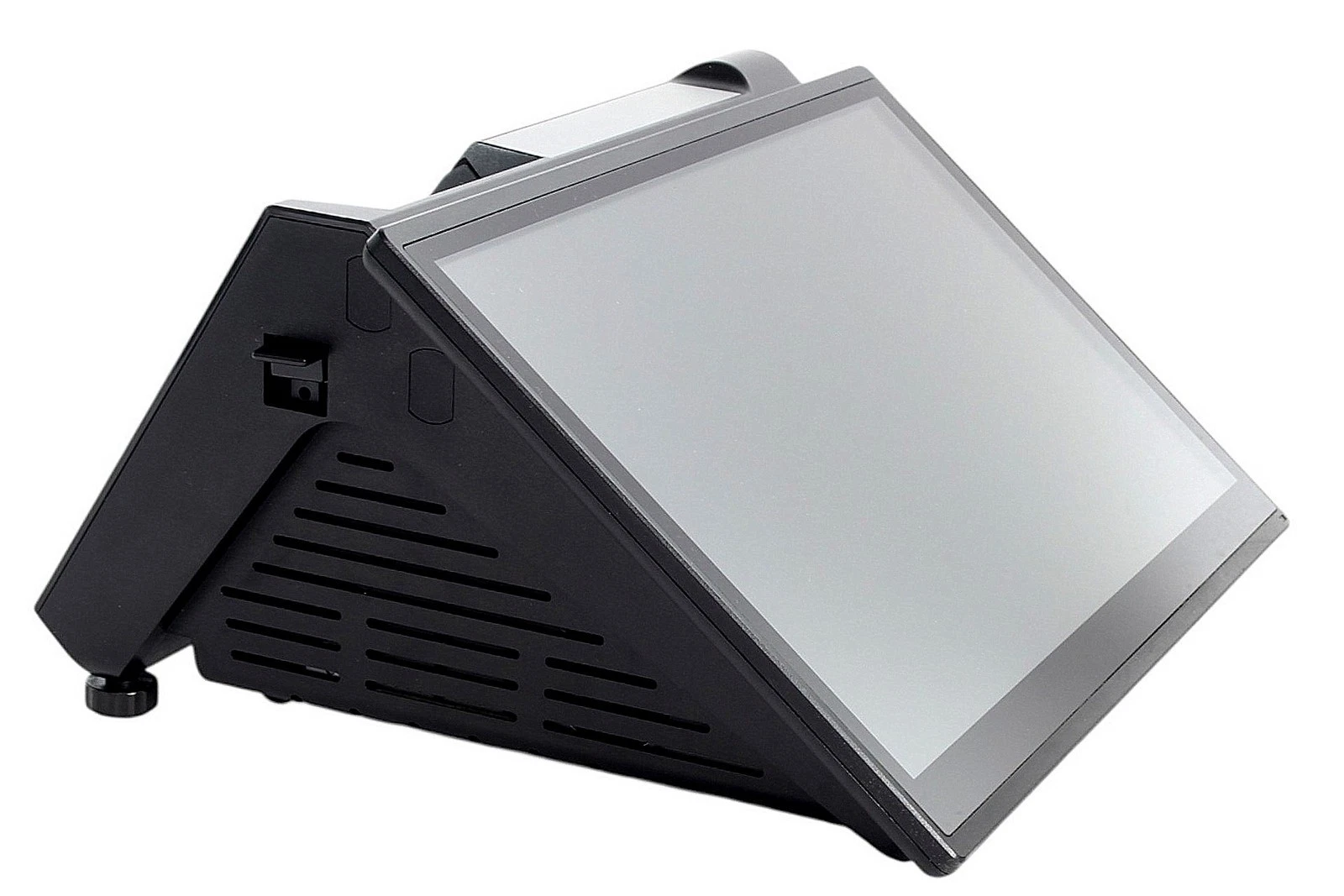 Gebrauchte Registrierkasse Protech PA-A900 in weiß mit schwarzem Standfuß - schräge Seitenansicht