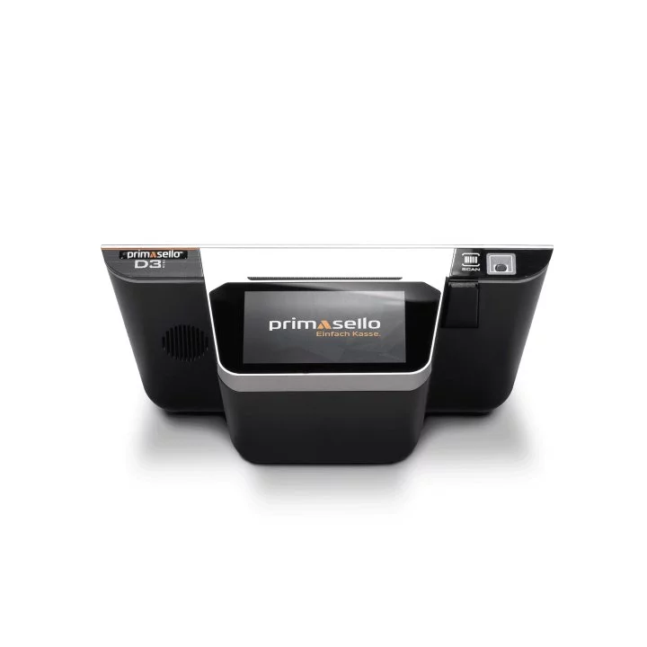 primasello X340 Touchscreen Kassensystem in Schwarz - schräge Ansicht mit Display und Bondrucker
