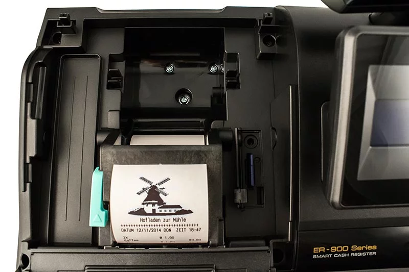 Sam4s ER-925 Registrierkasse in Schwarz - Innenansicht mit geöffnetem Druckerfach und Bondruck