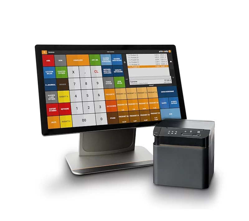 primasello Touchscreen Kassensystem X380 in Schwarz mit Thermodrucker - schräge Ansicht