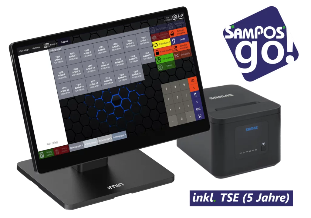 SamPOS go! XL Registrierkasse eco in Schwarz - schräge Ansicht mit Touchscreen Monitor und Bondrucker