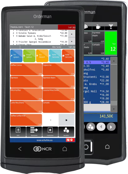 Orderman 9 Pro Handheld-Kassensystem in Schwarz - schräge Ansicht mit Display-Interface
