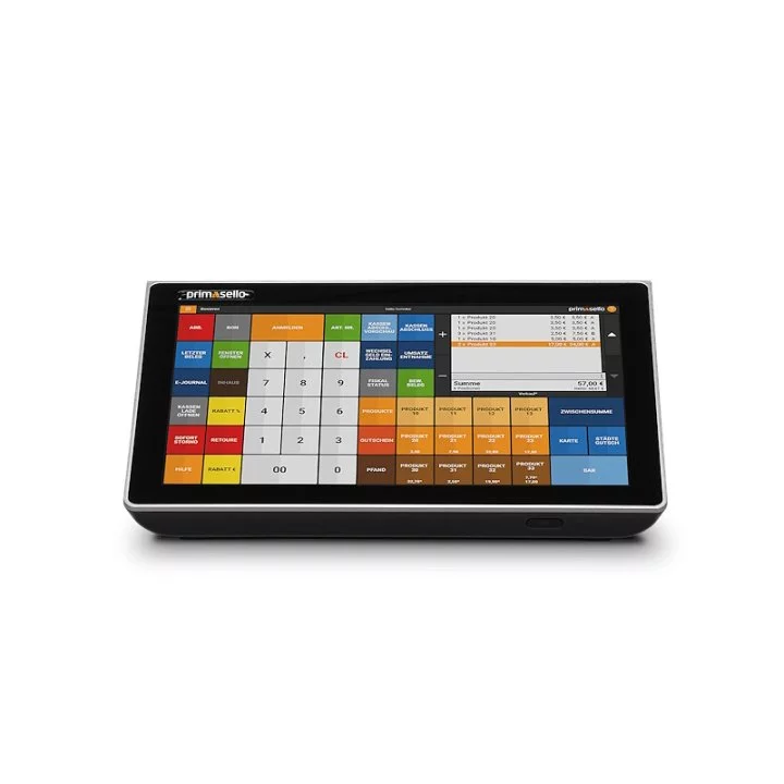 Primasello X320 Touchscreen Kassensystem in Schwarz - schräge Ansicht mit farbigem Bedienfeld und Nummerntastatur