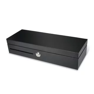 CMF460 Sprungdeckel-Kassenlade Universal in Schwarz - schräge Ansicht geschlossen mit Schloss