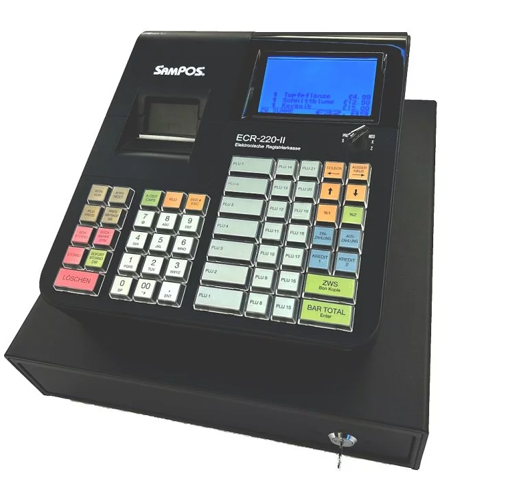 SamPOS ECR-220 Registrierkasse in Schwarz - schräge Ansicht mit Display und Tastatur