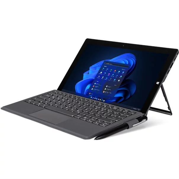 TERRA PAD 1162 N5100 W11 Pro Tablet in Schwarz mit Tastatur - schräge Ansicht mit Windows 11 Display