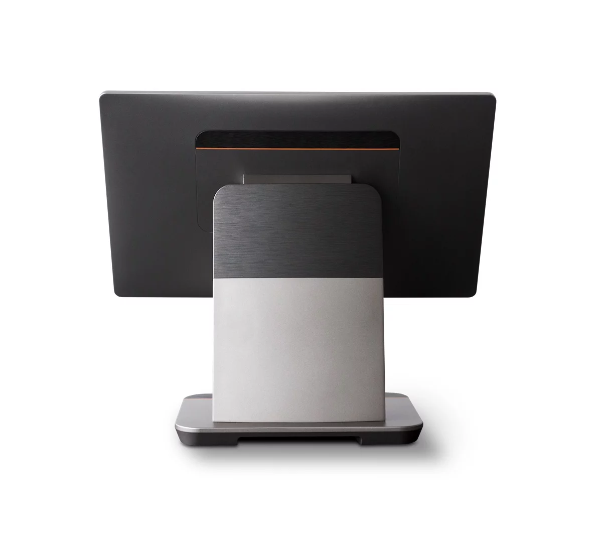 Primasello X380 Touchscreen Kassensystem in Schwarz-Grau - Rückansicht mit Standfuß und integriertem Thermodrucker