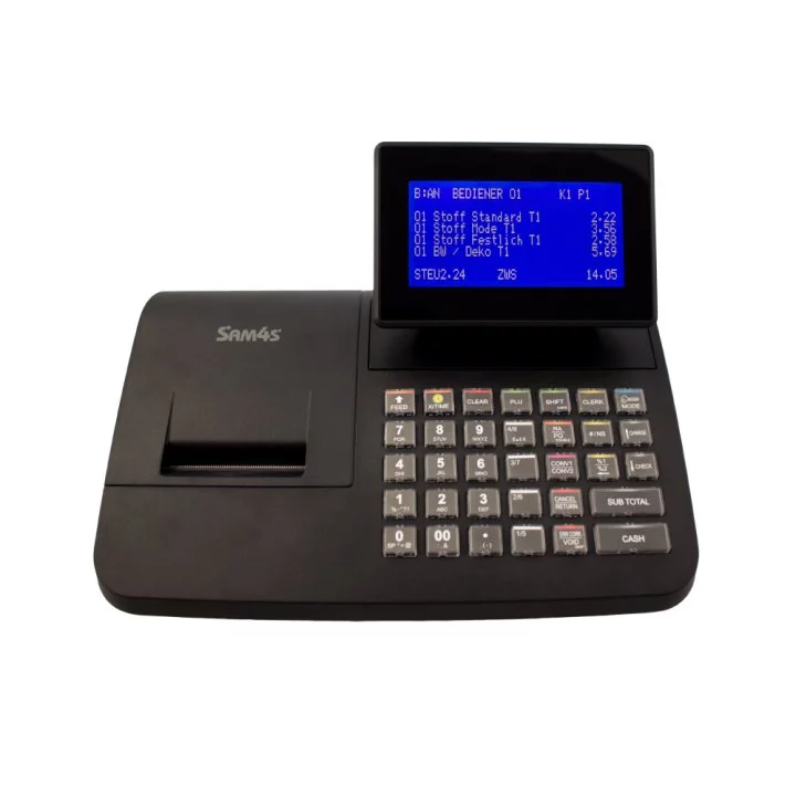 Sam4s NR-420 Registrierkasse in Schwarz - schräge Ansicht mit blauem Display und Tastatur