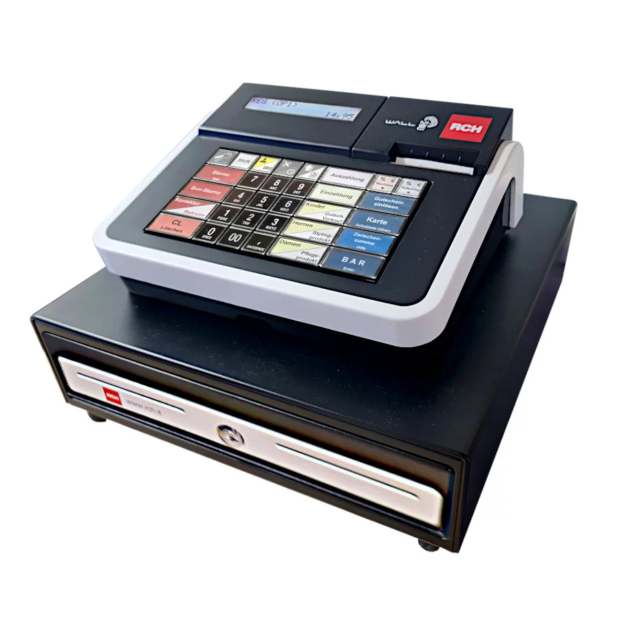 RCH Walle MEC Registrierkasse in Schwarz-Weiß mit TSE - schräge Ansicht mit geöffneter Kassenschublade