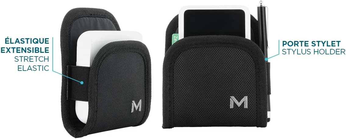 Mobilis Basic Holster in Schwarz - Detailansicht mit elastischem Gürtel und Stylus-Halter für Zahlungsterminals