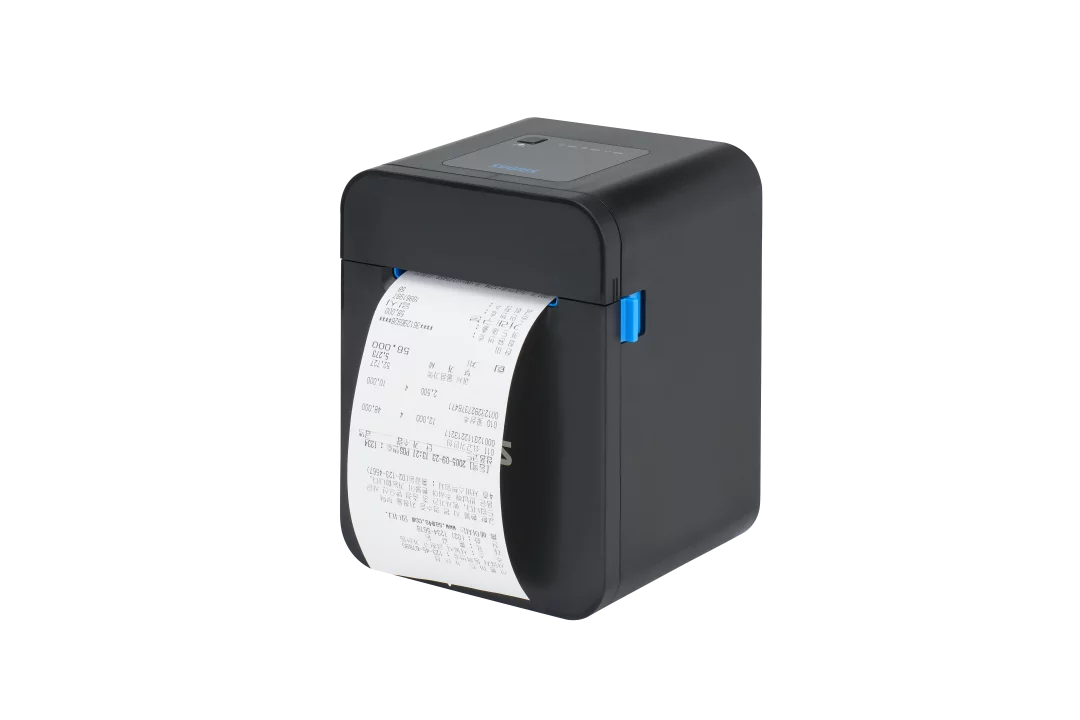 Sam4s H-Cube 102 Bondrucker in Schwarz mit blauem Akzent - schräge Seitenansicht mit gedrucktem Bon