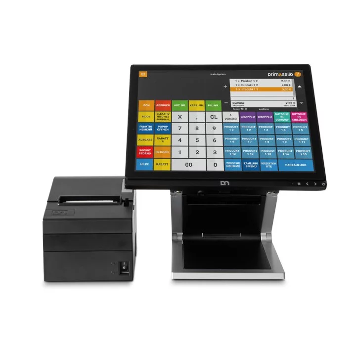 Primasello A1060 Touchscreen Kassensystem in Schwarz mit Thermodrucker - schräge Ansicht