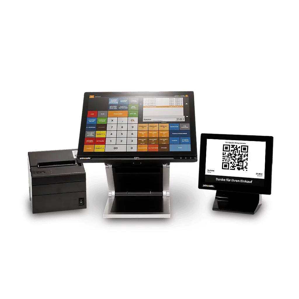 Primasello A1060 Touchscreen Kassensystem in Schwarz mit Thermodrucker und Kundendisplay - Komplettansicht