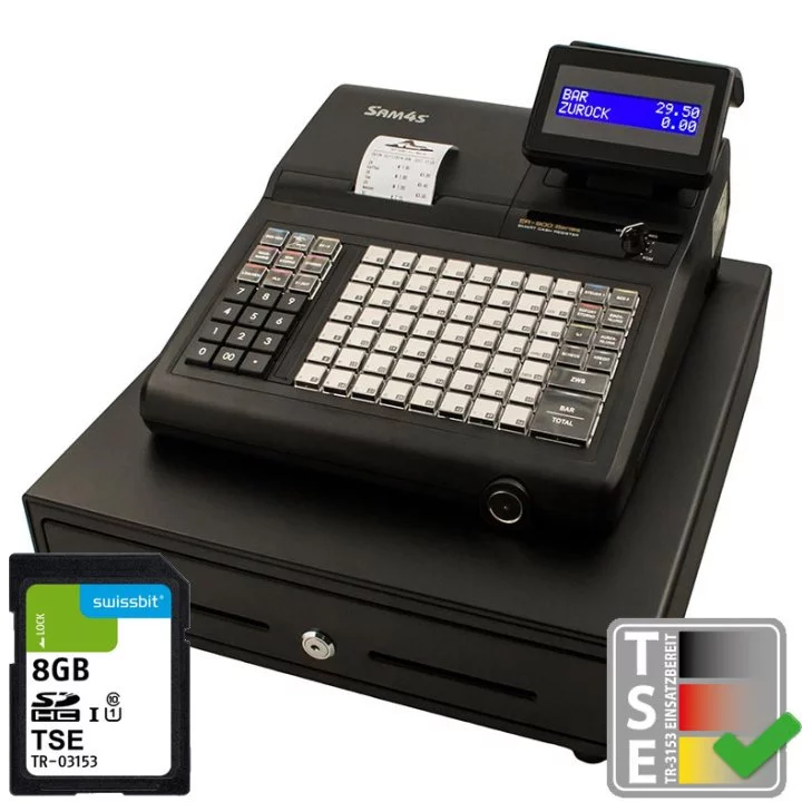 Sam4s ER-925XL Registrierkasse in Schwarz mit TSE und SD-Karte - schräge Vorderansicht