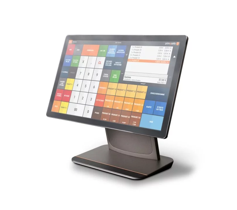 Primasello X380 Touchscreen Kassensystem in Grau mit POS Software - schräge Ansicht