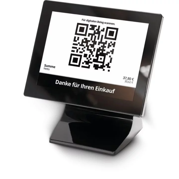 Primasello Touchscreen Kassensystem A1060 in Schwarz - schräge Ansicht mit Kundendisplay und QR-Code auf dem Bildschirm