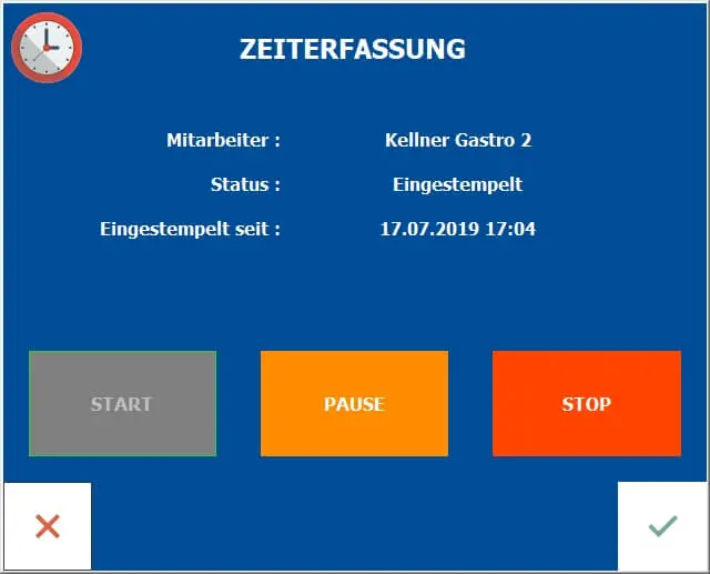 Gastrosoft Add-On Zeiterfassung Software in Blau - Screenshot der Benutzeroberfläche mit Stempeluhr-Funktion