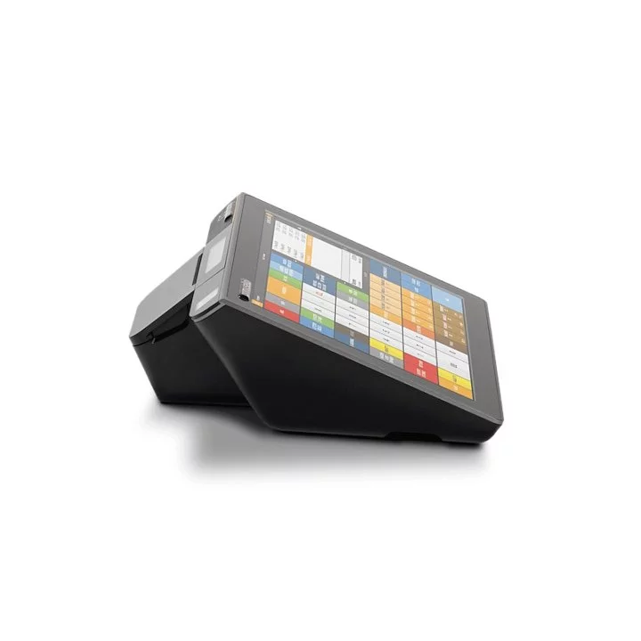 Primasello X320 Touchscreen Kassensystem in Schwarz - schräge Ansicht mit Bondrucker und farbigem Display