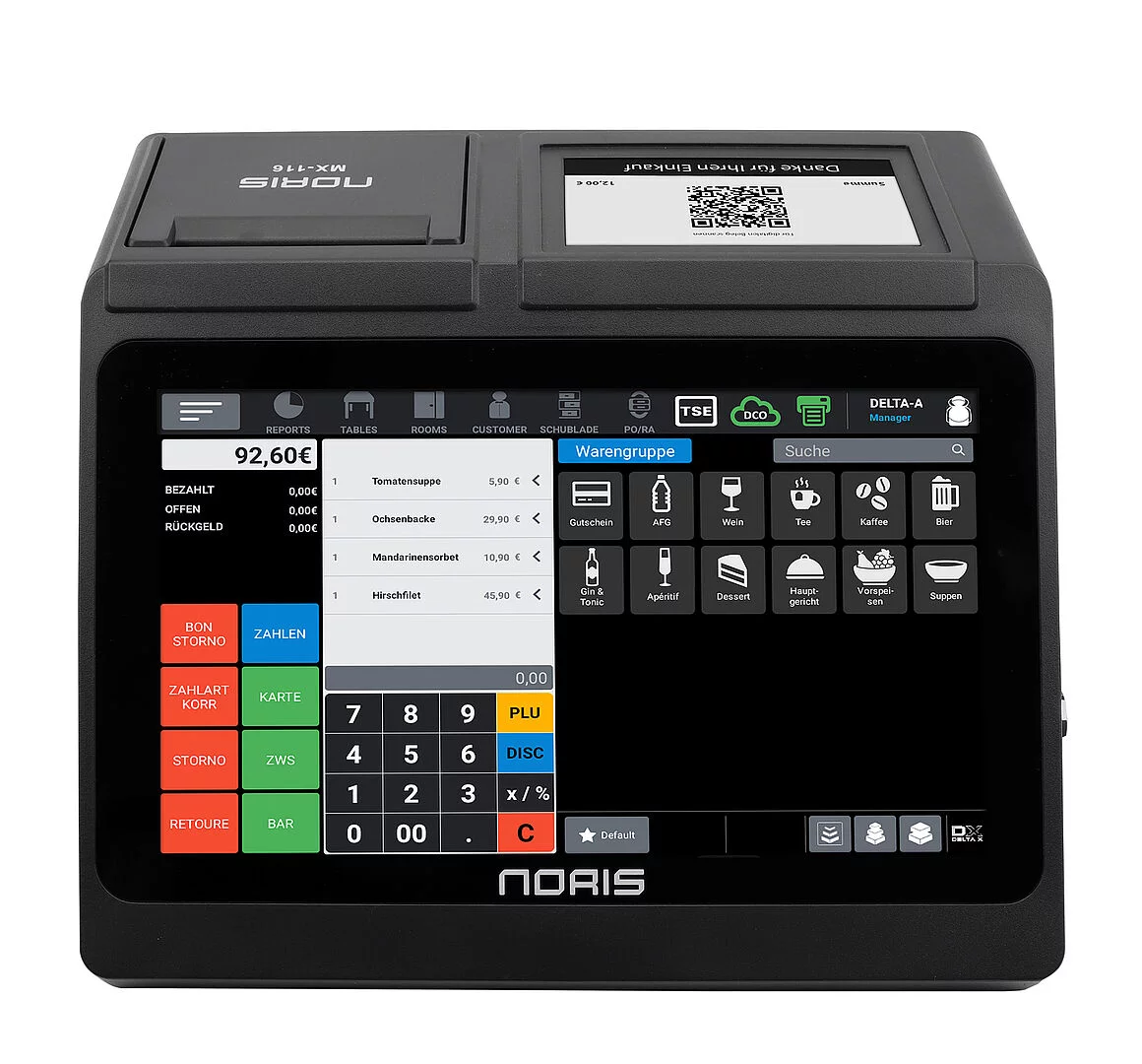 Noris All-In-One-Touch-Kassen MX-116 in Schwarz mit Touch-Display und integriertem Bondrucker - Frontansicht