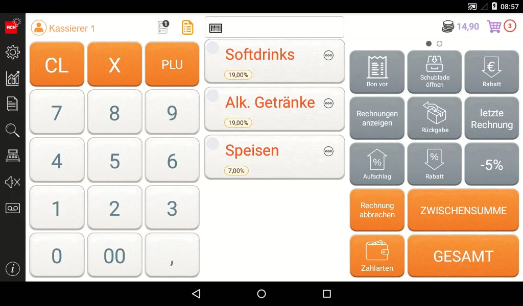 RCH WallE 8T POS-Terminal in Schwarz mit orangefarbenen Tasten - Frontansicht der Bedienoberfläche mit Touchscreen