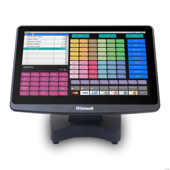 Uniwell HX-5500 Kassensystem in Schwarz - Frontansicht mit 15,6 Zoll Touch-Display und farbiger Benutzeroberfläche