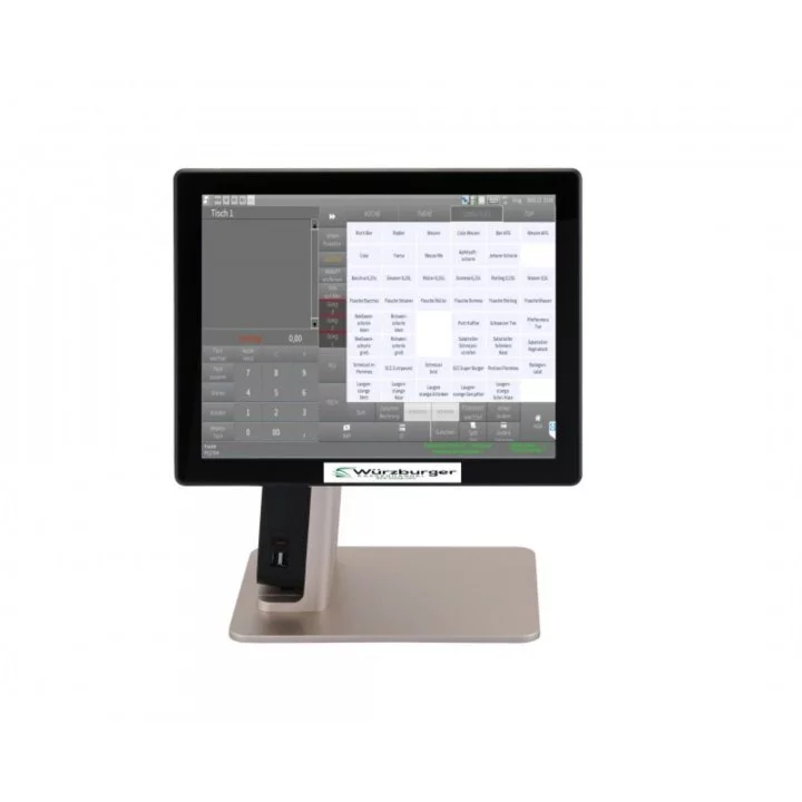 Schultes Hotelinterface für bluepos® Kassensystem in Schwarz-Silber - schräge Frontansicht mit Touch-Display