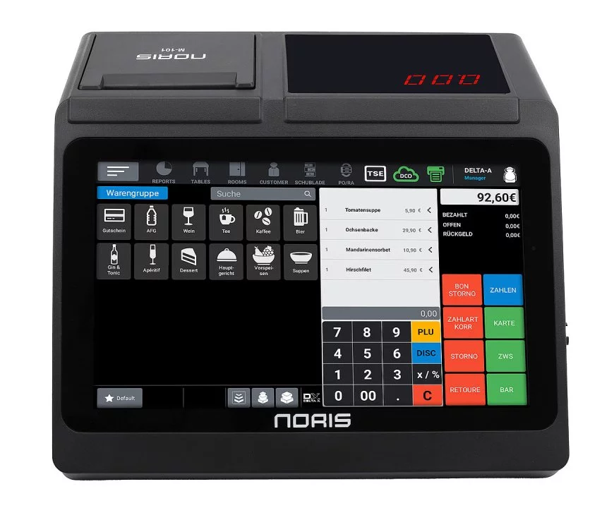 Noris M-101 All-In-One-Touch-Kasse in Schwarz mit Touchscreen und integriertem Bondrucker - Frontansicht